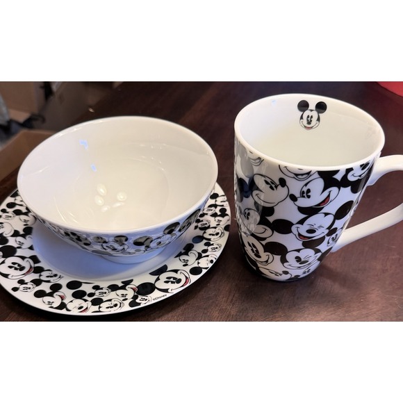 Disney Other - Disney All Over Mickey  Black White Cup Plate Bowl Set NWT